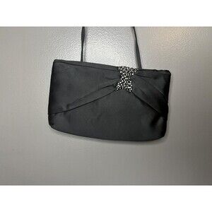 Vintage Morris Moskowitz Evening Bag Womens Black Satin Rhinestone Made USA 80s